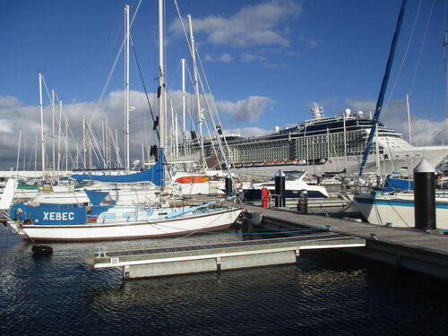 Xebec sharing the harbour with big cruising ships